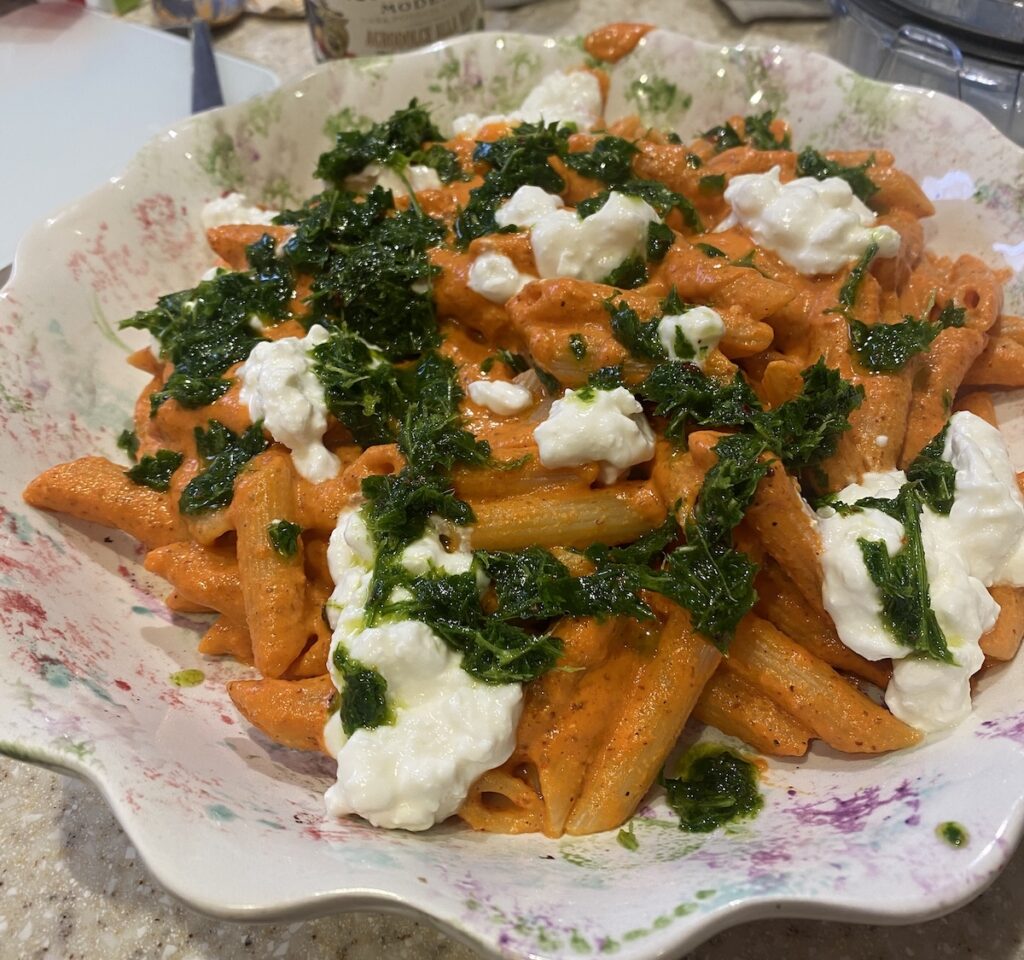 A dish of jarred pepper pasta.